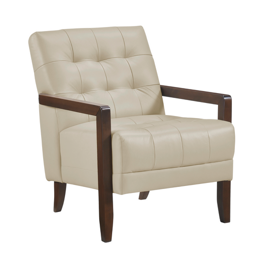 Accent Chair - Beige Top Grain Leather - Solid Wood Frame Walnut Finish
