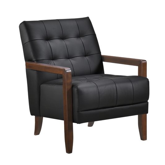 Accent Chair - Black Top Grain Leather - Solid Wood Frame Walnut Finish