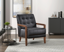 Load image into Gallery viewer, Accent Chair - Black Top Grain Leather - Solid Wood Frame Walnut Finish