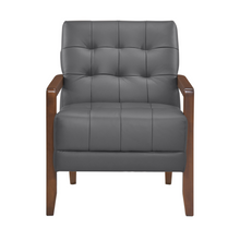 Load image into Gallery viewer, Accent Chair - Dark Grey Top Grain Leather - Solid Wood Frame Walnut Finish