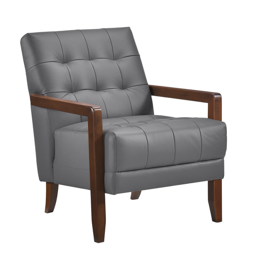 Accent Chair - Dark Grey Top Grain Leather - Solid Wood Frame Walnut Finish
