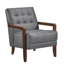 Load image into Gallery viewer, Accent Chair - Dark Grey Top Grain Leather - Solid Wood Frame Walnut Finish