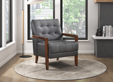 Load image into Gallery viewer, Accent Chair - Dark Grey Top Grain Leather - Solid Wood Frame Walnut Finish