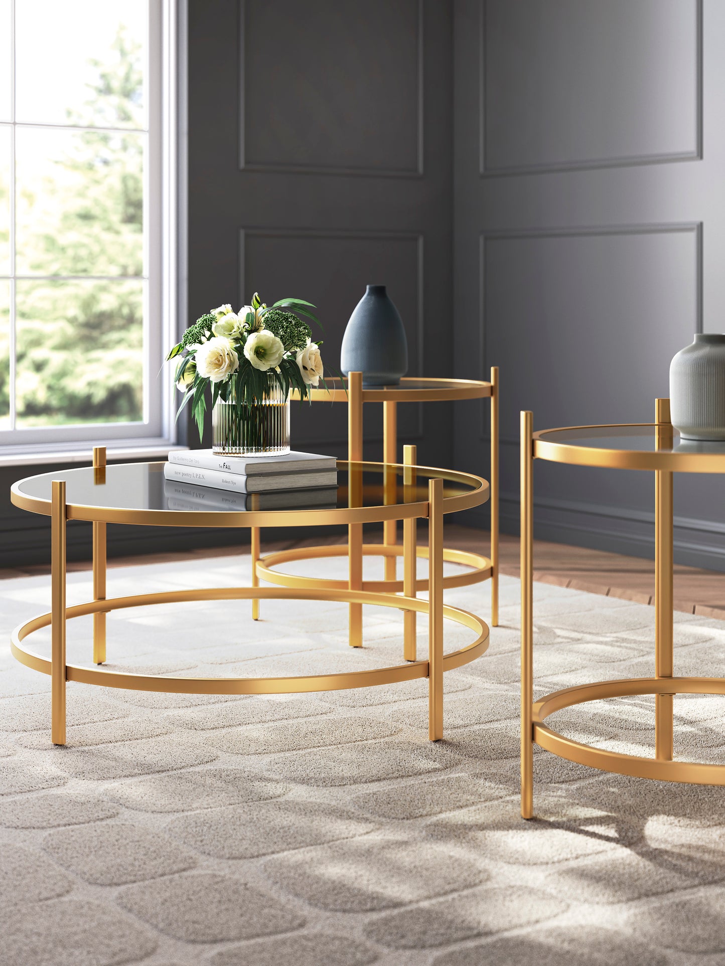 Pearlox Gold and Glass Coffee Table Set