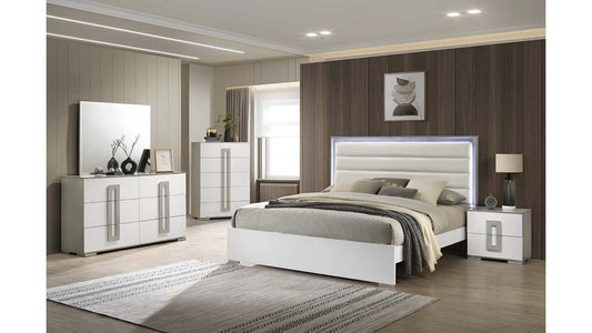 Upholstered White LED Bed Set