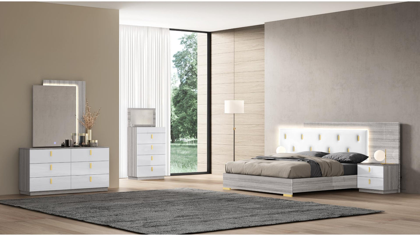Zain - Modern Grey & White Upholstered LED Lighting Queen Bedroom Set