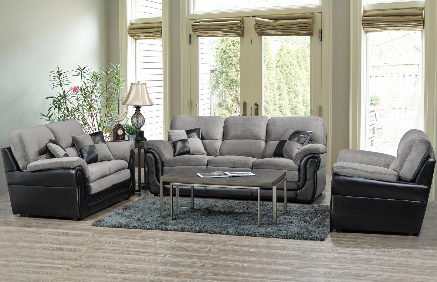 Grey Fabric Black Leather Two Tone 3 Piece Sofa Set