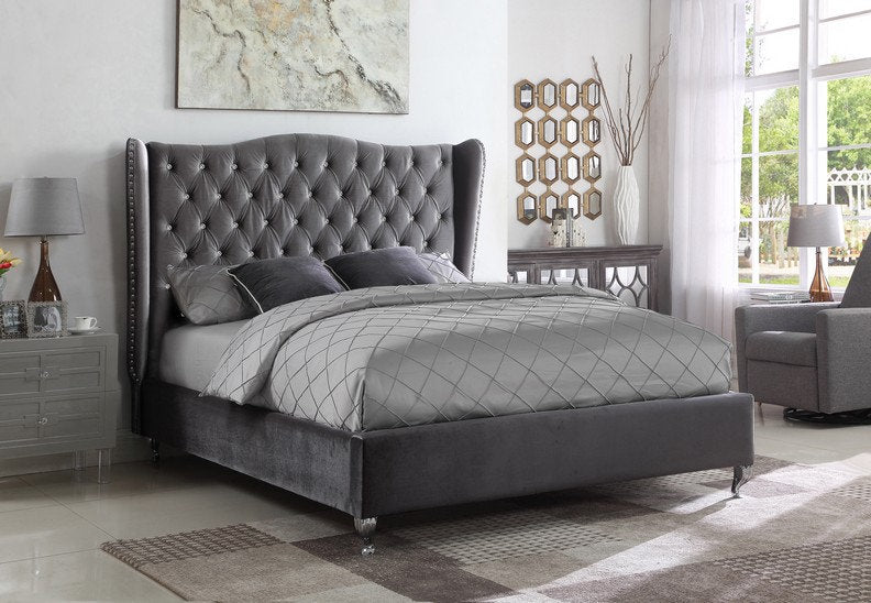 Grey Velvet Fabric Upholstered Bed with Nail head and Rhinestone