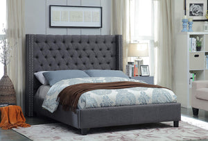 Slate Serenity - Grey Fabric Bed with Tufting and Nail head