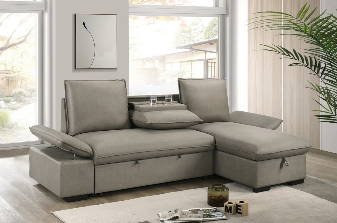 Microfibre Fabric Sectional Storage Reversible with Cup Holders