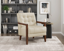 Load image into Gallery viewer, Accent Chair - Beige Top Grain Leather - Solid Wood Frame Walnut Finish
