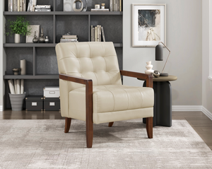 Accent Chair - Beige Top Grain Leather - Solid Wood Frame Walnut Finish