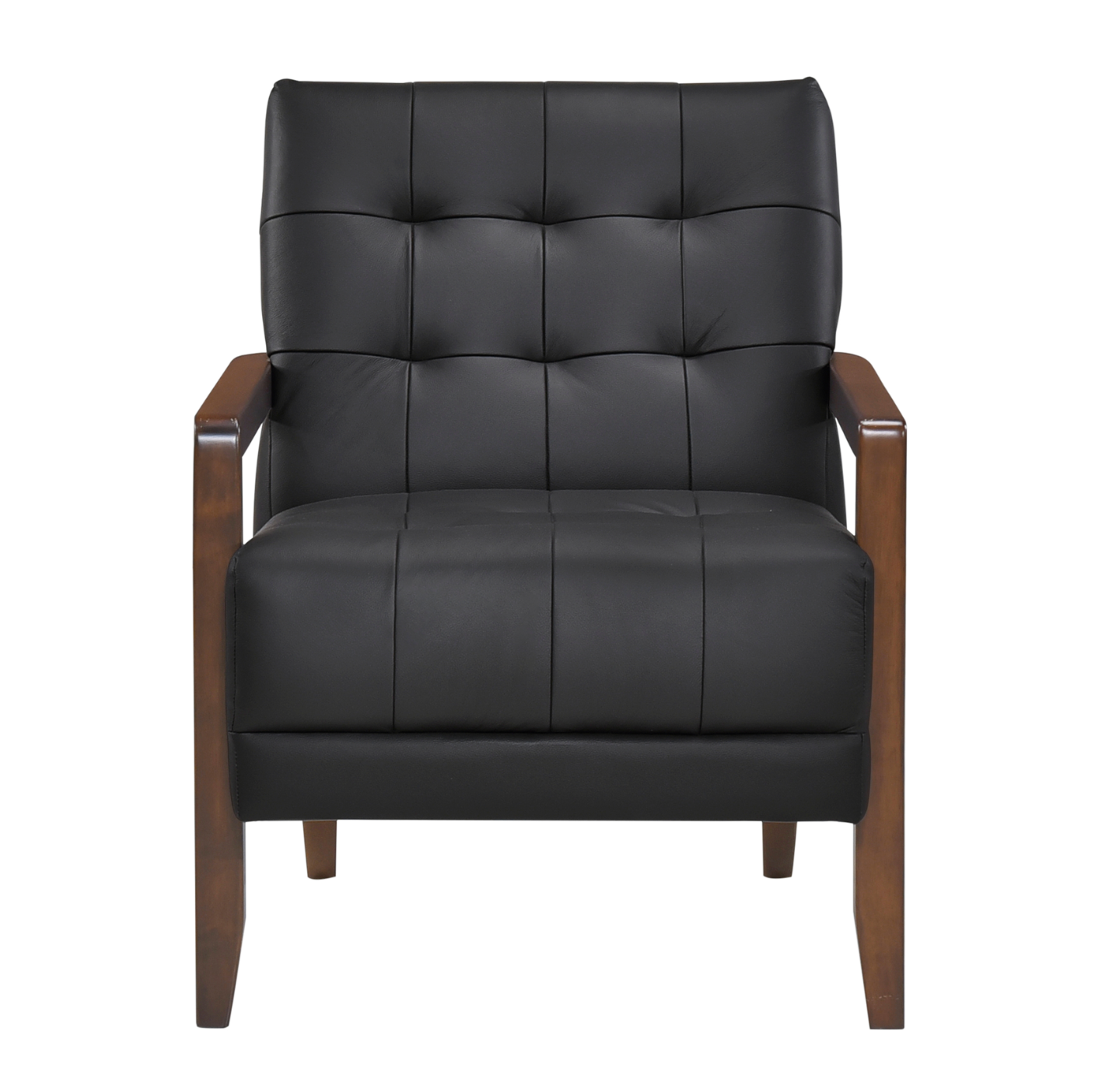 Accent Chair - Black Top Grain Leather - Solid Wood Frame Walnut Finish