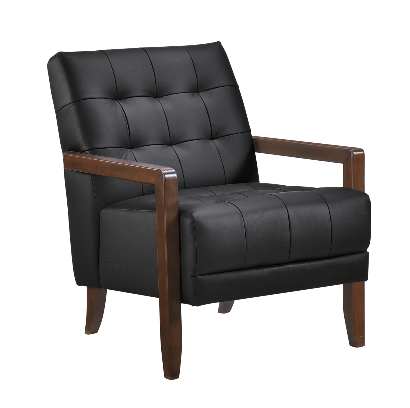 Accent Chair - Black Top Grain Leather - Solid Wood Frame Walnut Finish