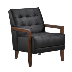 Accent Chair - Black Top Grain Leather - Solid Wood Frame Walnut Finish