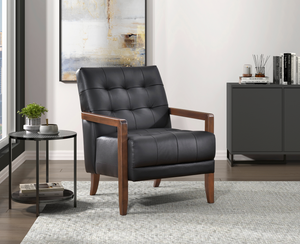 Accent Chair - Black Top Grain Leather - Solid Wood Frame Walnut Finish