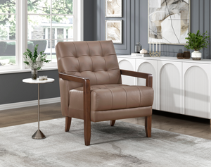 Accent Chair - Brown Top Grain Leather - Solid Wood Frame Walnut Finish