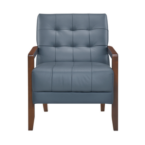 Accent Chair - Blue Top Grain Leather - Solid Wood Frame Walnut Finish