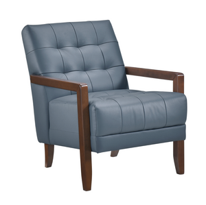 Accent Chair - Blue Top Grain Leather - Solid Wood Frame Walnut Finish