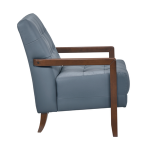 Accent Chair - Blue Top Grain Leather - Solid Wood Frame Walnut Finish