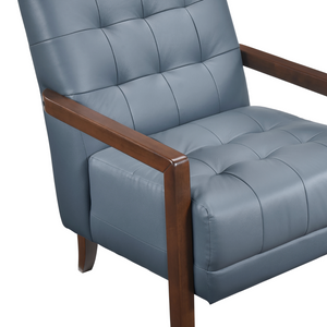 Accent Chair - Blue Top Grain Leather - Solid Wood Frame Walnut Finish