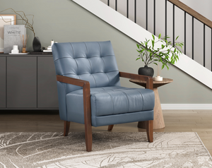 Accent Chair - Blue Top Grain Leather - Solid Wood Frame Walnut Finish