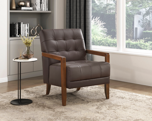 Accent Chair - Dark Brown Top Grain Leather - Solid Wood Frame Walnut Finish