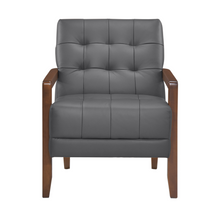 Load image into Gallery viewer, Accent Chair - Dark Grey Top Grain Leather - Solid Wood Frame Walnut Finish
