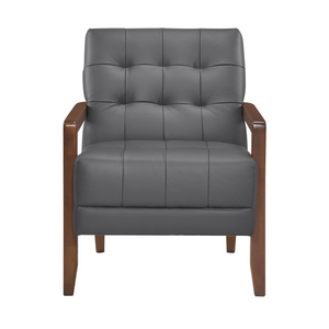 Accent Chair - Dark Grey Top Grain Leather - Solid Wood Frame Walnut Finish