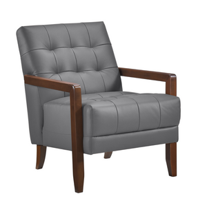 Accent Chair - Dark Grey Top Grain Leather - Solid Wood Frame Walnut Finish