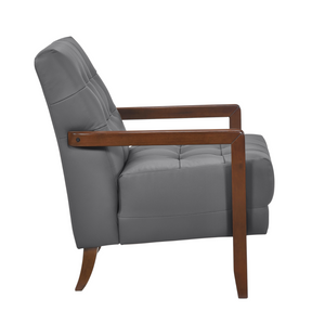 Accent Chair - Dark Grey Top Grain Leather - Solid Wood Frame Walnut Finish