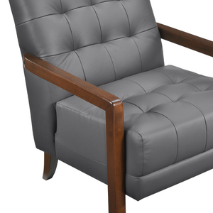 Accent Chair - Dark Grey Top Grain Leather - Solid Wood Frame Walnut Finish