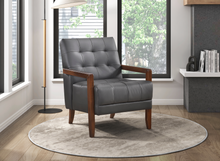 Load image into Gallery viewer, Accent Chair - Dark Grey Top Grain Leather - Solid Wood Frame Walnut Finish
