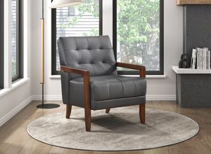 Accent Chair - Dark Grey Top Grain Leather - Solid Wood Frame Walnut Finish