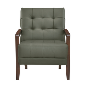 Accent Chair - Green Top Grain Leather - Solid Wood Frame Walnut Finish