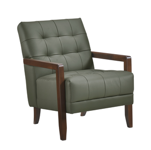 Accent Chair - Green Top Grain Leather - Solid Wood Frame Walnut Finish