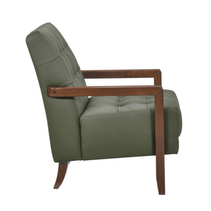 Accent Chair - Green Top Grain Leather - Solid Wood Frame Walnut Finish