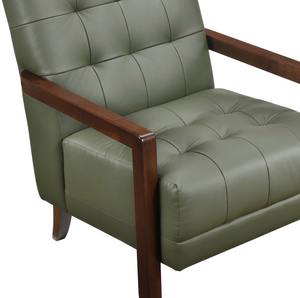 Accent Chair - Green Top Grain Leather - Solid Wood Frame Walnut Finish