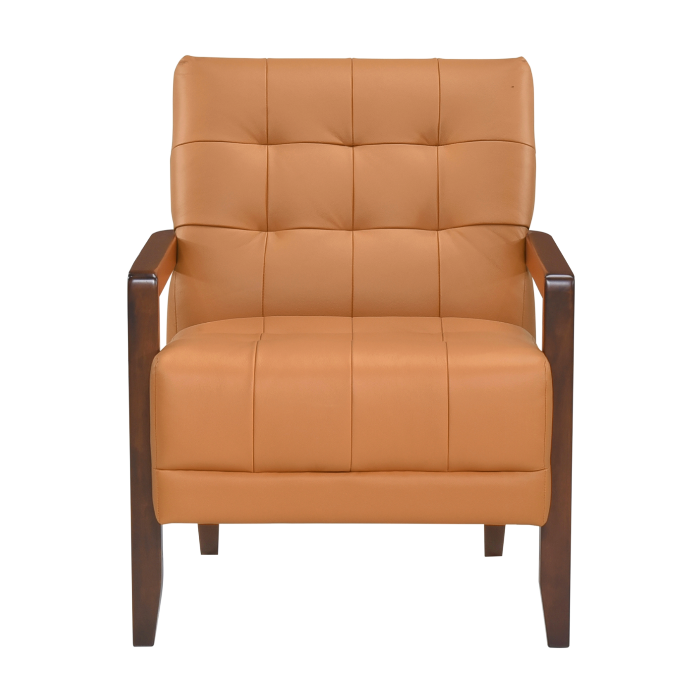 Accent Chair - Orange Top Grain Leather - Solid Wood Frame Walnut Finish