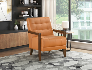 Accent Chair - Orange Top Grain Leather - Solid Wood Frame Walnut Finish