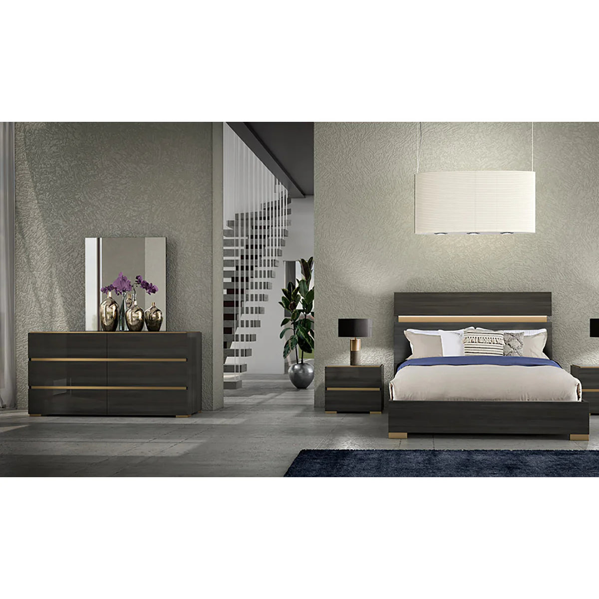 Yvette - Modern Dark Gray Bedroom Set with Gold Accents and LED Lightning